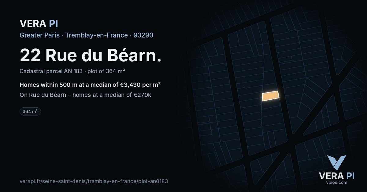 22 Rue du Béarn, Tremblay-en-France at night – the plot lit, the parcels around coloured by the prices near them
