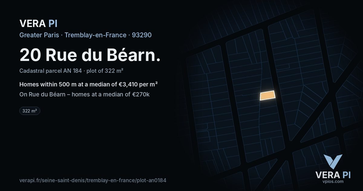 20 Rue du Béarn, Tremblay-en-France at night – the plot lit, the parcels around coloured by the prices near them