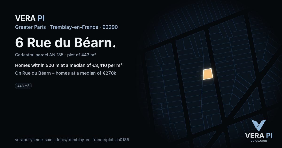6 Rue du Béarn, Tremblay-en-France at night – the plot lit, the parcels around coloured by the prices near them