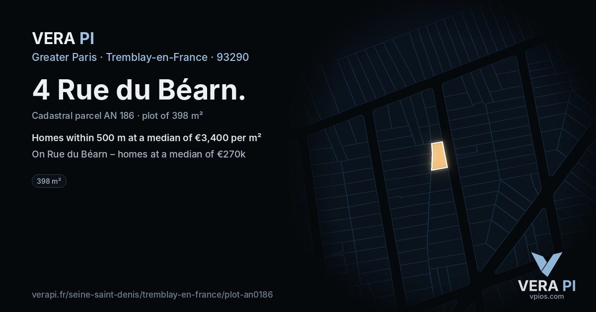 4 Rue du Béarn, Tremblay-en-France at night – the plot lit, the parcels around coloured by the prices near them