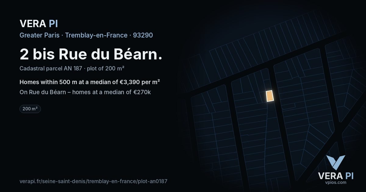 2 bis Rue du Béarn, Tremblay-en-France at night – the plot lit, the parcels around coloured by the prices near them