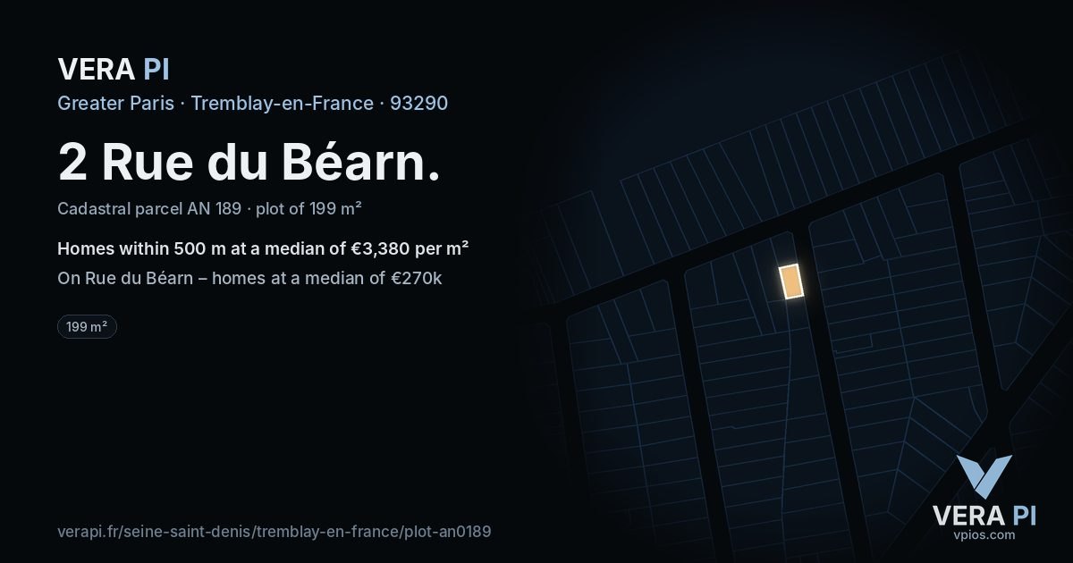 2 Rue du Béarn, Tremblay-en-France at night – the plot lit, the parcels around coloured by the prices near them