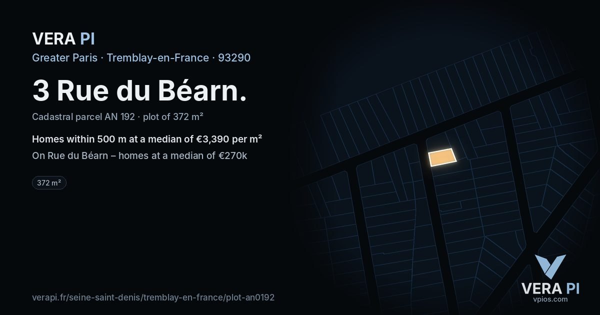 3 Rue du Béarn, Tremblay-en-France at night – the plot lit, the parcels around coloured by the prices near them