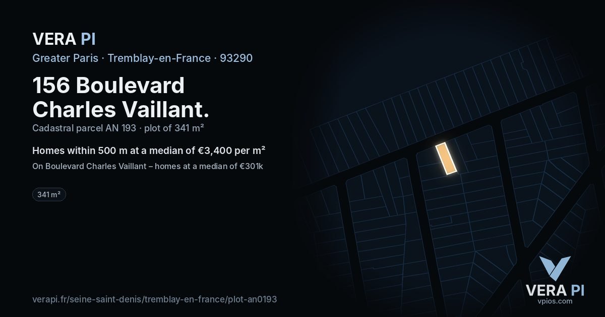 156 Boulevard Charles Vaillant, Tremblay-en-France at night – the plot lit, the parcels around coloured by the prices near them