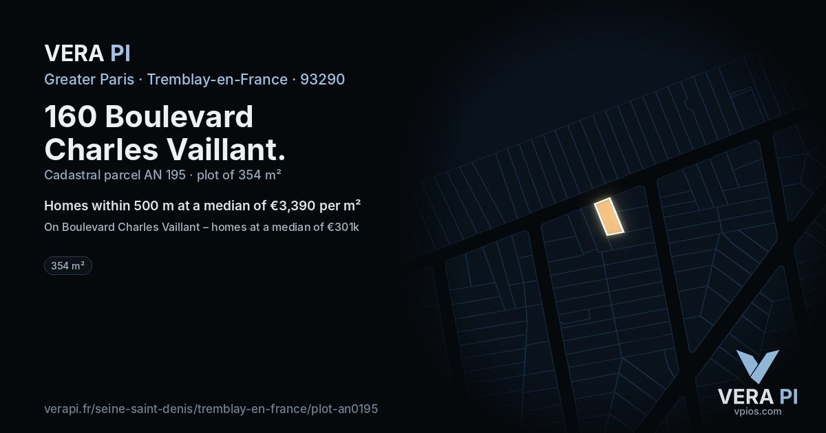 160 Boulevard Charles Vaillant, Tremblay-en-France at night – the plot lit, the parcels around coloured by the prices near them