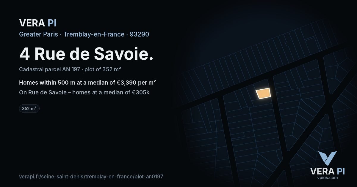 4 Rue de Savoie, Tremblay-en-France at night – the plot lit, the parcels around coloured by the prices near them