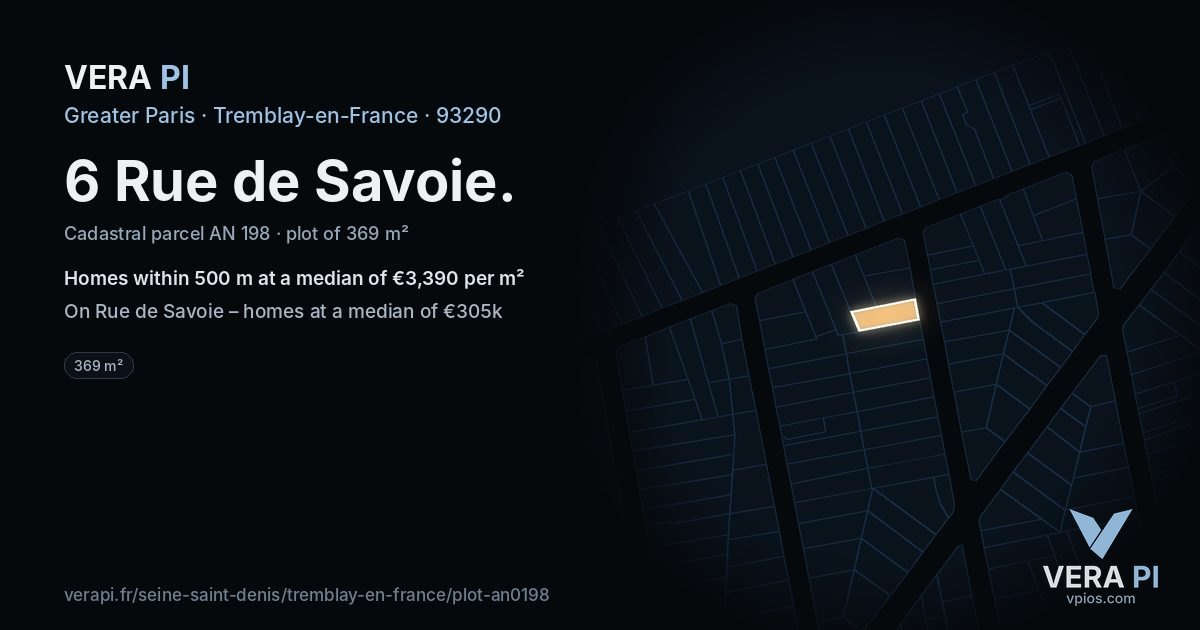 6 Rue de Savoie, Tremblay-en-France at night – the plot lit, the parcels around coloured by the prices near them