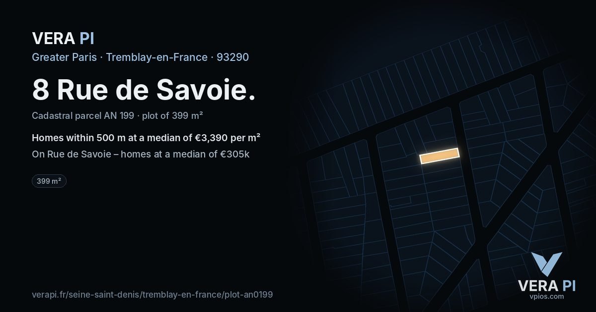 8 Rue de Savoie, Tremblay-en-France at night – the plot lit, the parcels around coloured by the prices near them