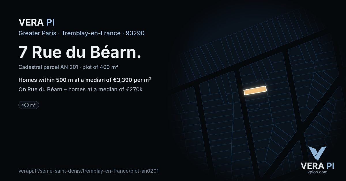 7 Rue du Béarn, Tremblay-en-France at night – the plot lit, the parcels around coloured by the prices near them