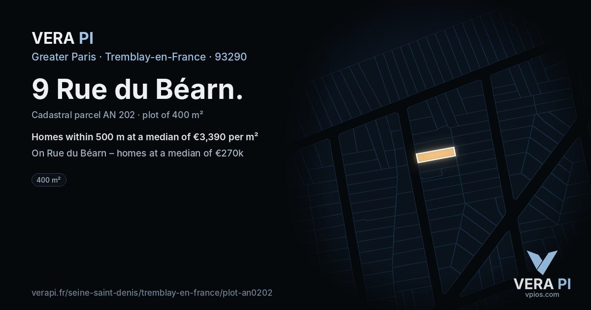 9 Rue du Béarn, Tremblay-en-France at night – the plot lit, the parcels around coloured by the prices near them
