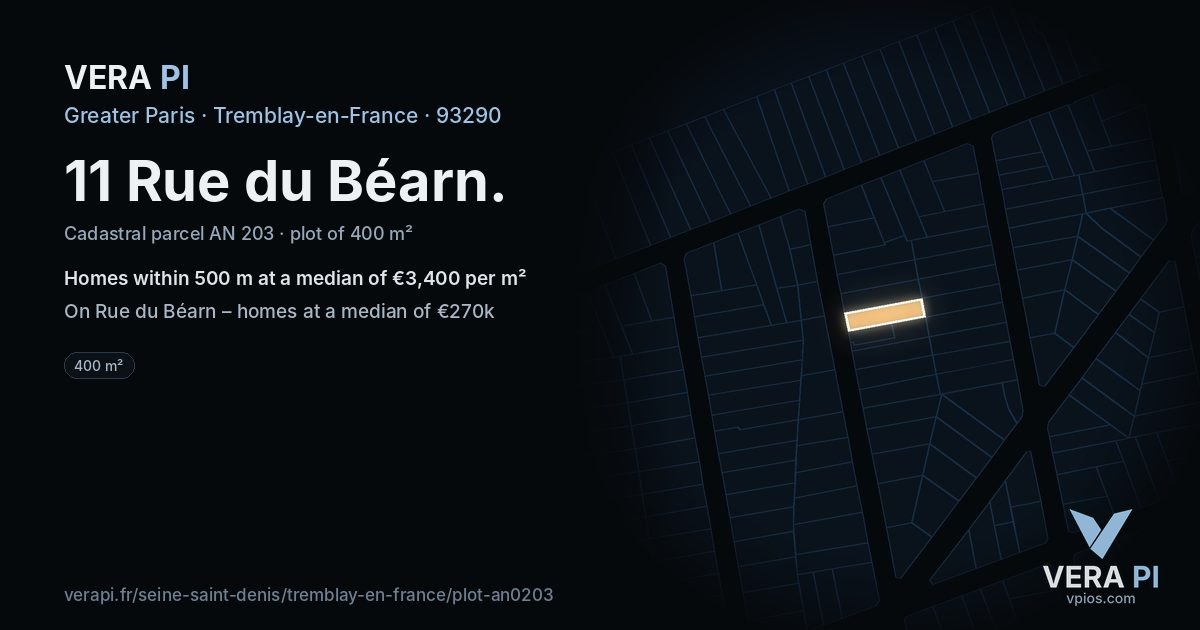 11 Rue du Béarn, Tremblay-en-France at night – the plot lit, the parcels around coloured by the prices near them