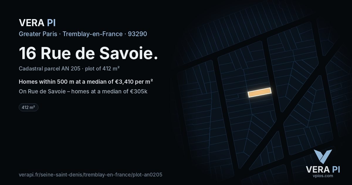 16 Rue de Savoie, Tremblay-en-France at night – the plot lit, the parcels around coloured by the prices near them
