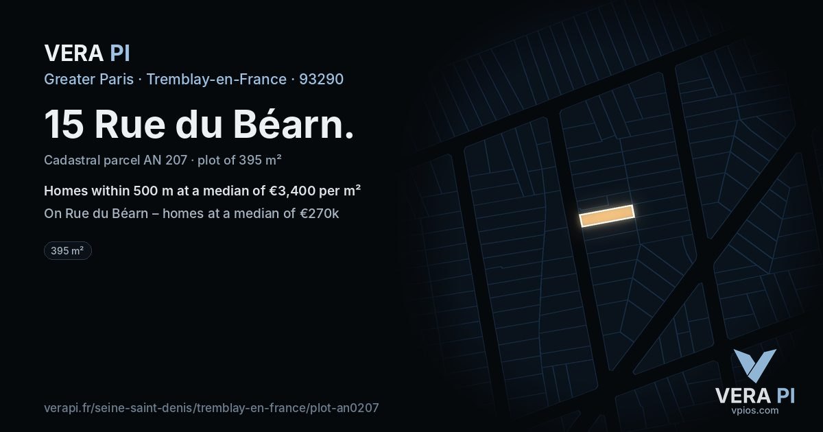 15 Rue du Béarn, Tremblay-en-France at night – the plot lit, the parcels around coloured by the prices near them