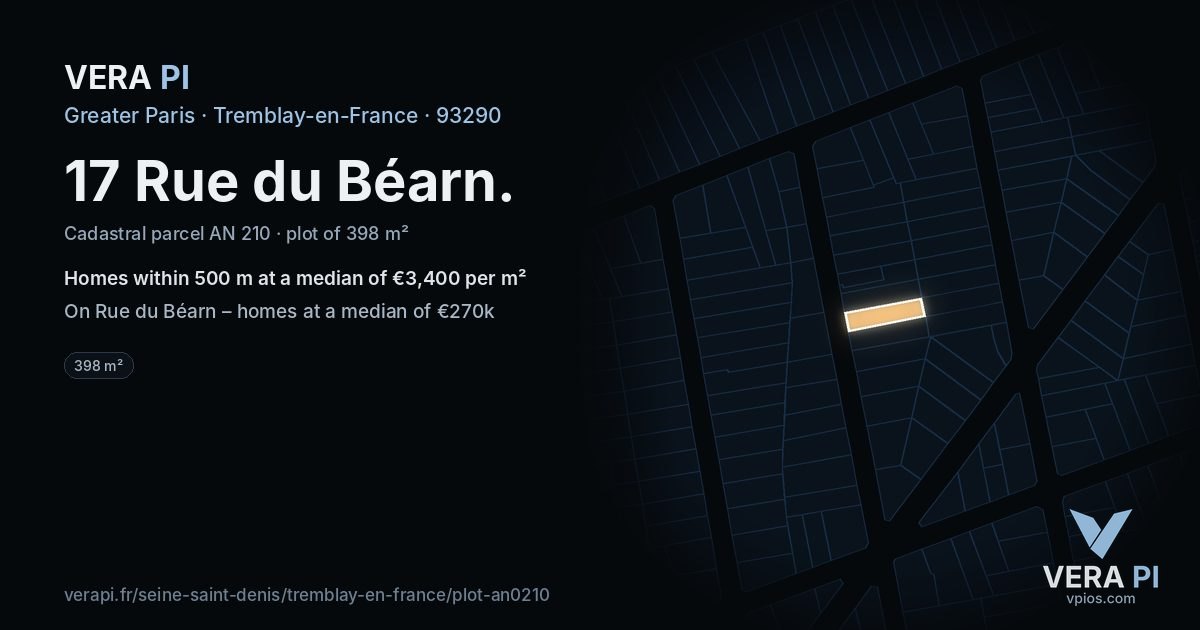 17 Rue du Béarn, Tremblay-en-France at night – the plot lit, the parcels around coloured by the prices near them