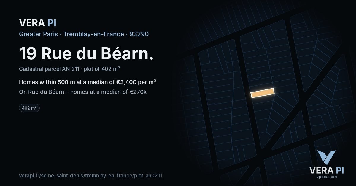 19 Rue du Béarn, Tremblay-en-France at night – the plot lit, the parcels around coloured by the prices near them