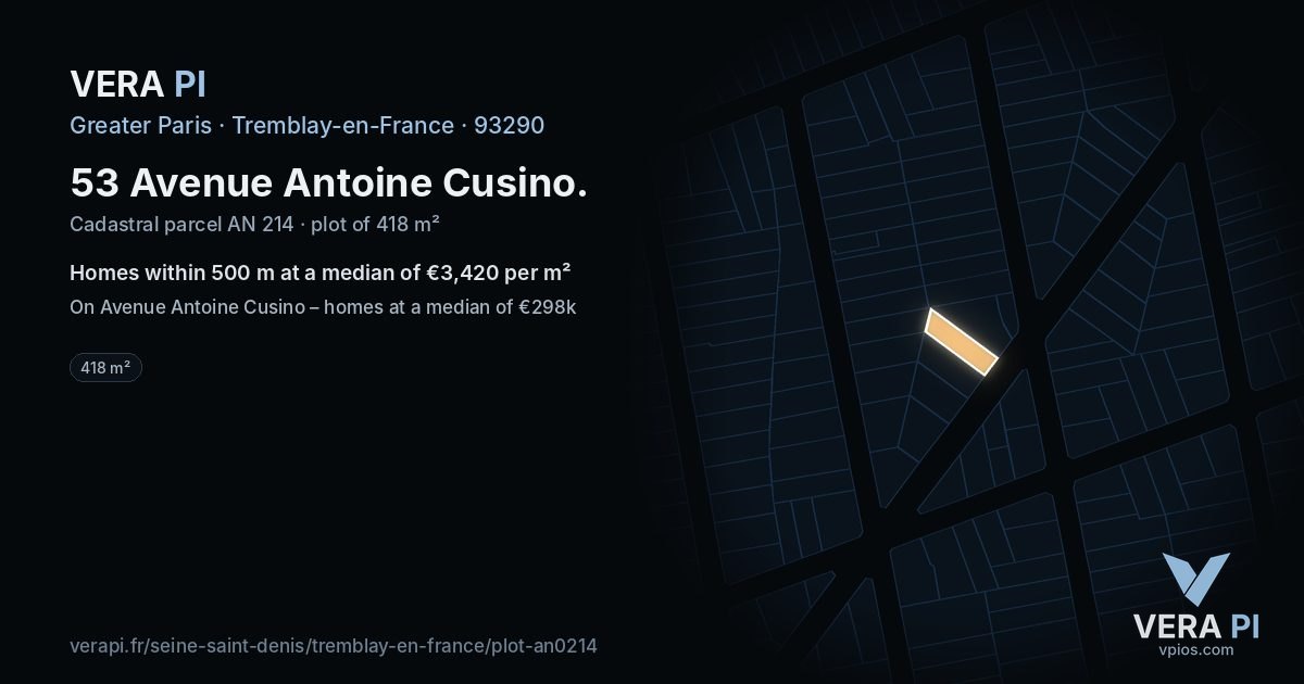 53 Avenue Antoine Cusino, Tremblay-en-France at night – the plot lit, the parcels around coloured by the prices near them