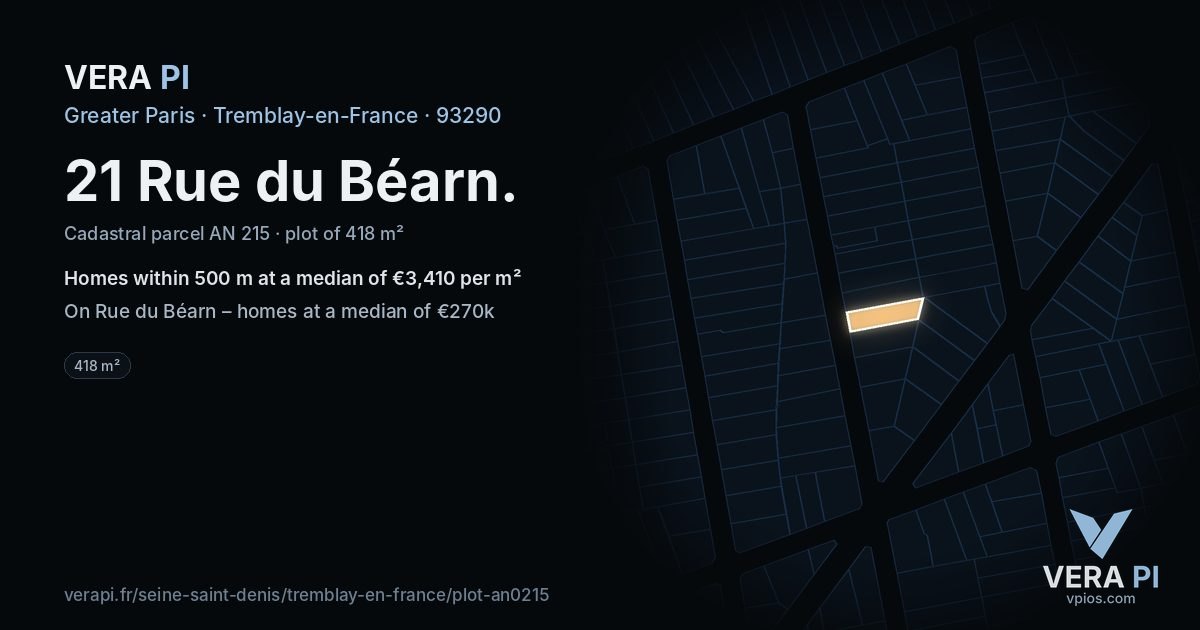 21 Rue du Béarn, Tremblay-en-France at night – the plot lit, the parcels around coloured by the prices near them
