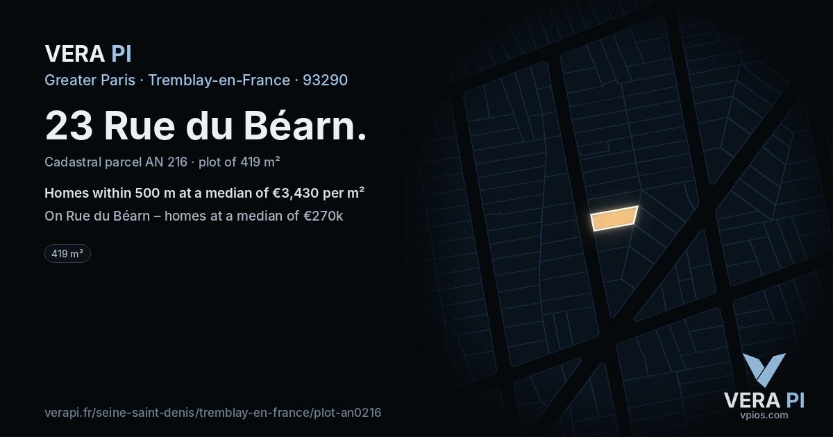 23 Rue du Béarn, Tremblay-en-France at night – the plot lit, the parcels around coloured by the prices near them