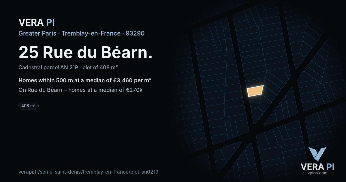 25 Rue du Béarn, Tremblay-en-France at night – the plot lit, the parcels around coloured by the prices near them