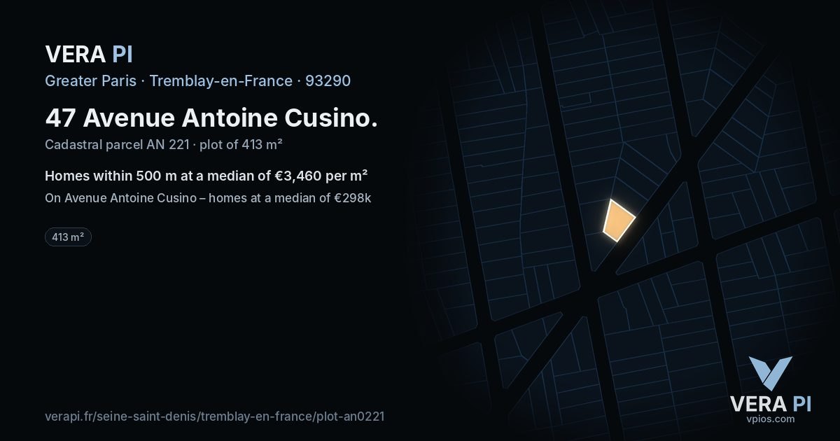47 Avenue Antoine Cusino, Tremblay-en-France at night – the plot lit, the parcels around coloured by the prices near them