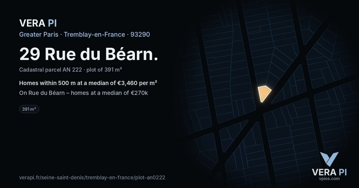 29 Rue du Béarn, Tremblay-en-France at night – the plot lit, the parcels around coloured by the prices near them