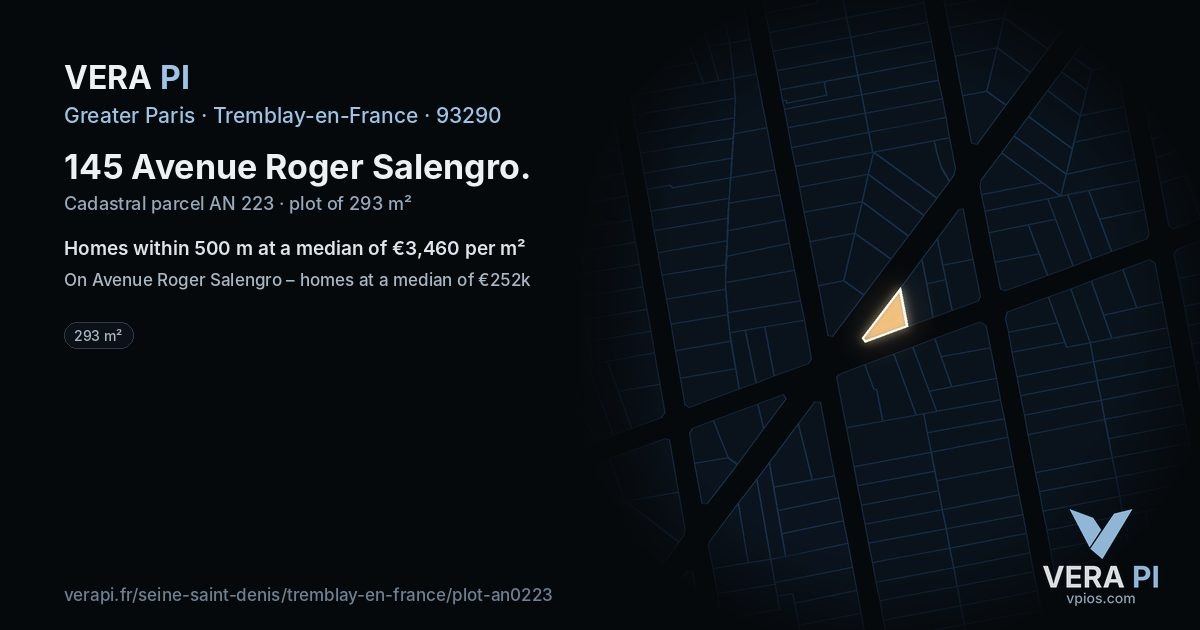 145 Avenue Roger Salengro, Tremblay-en-France at night – the plot lit, the parcels around coloured by the prices near them