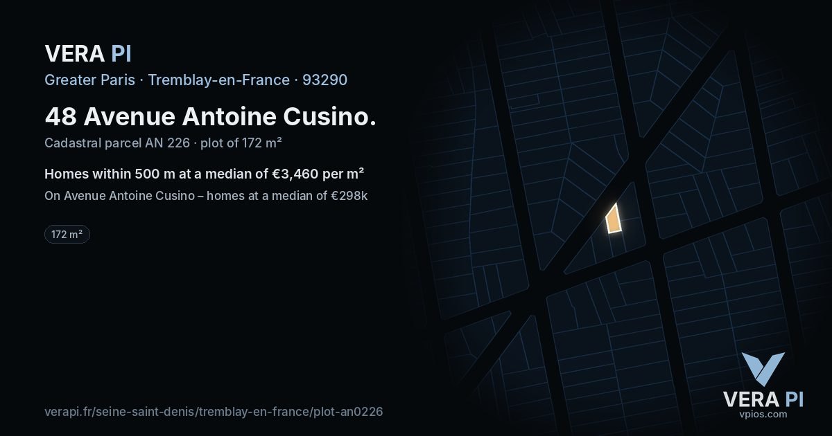 48 Avenue Antoine Cusino, Tremblay-en-France at night – the plot lit, the parcels around coloured by the prices near them
