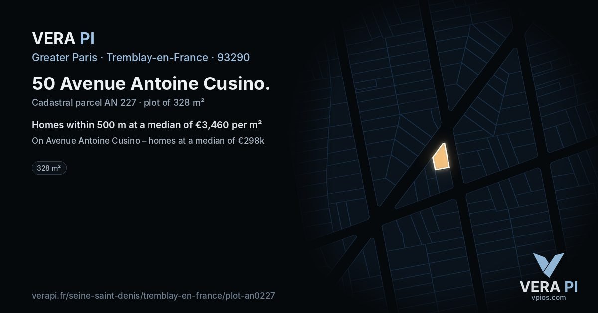50 Avenue Antoine Cusino, Tremblay-en-France at night – the plot lit, the parcels around coloured by the prices near them