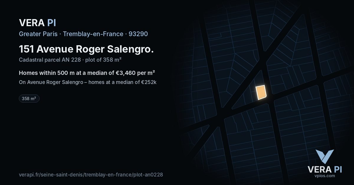 151 Avenue Roger Salengro, Tremblay-en-France at night – the plot lit, the parcels around coloured by the prices near them