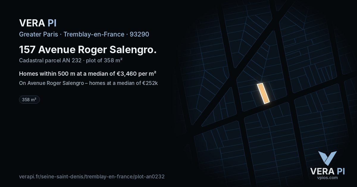 157 Avenue Roger Salengro, Tremblay-en-France at night – the plot lit, the parcels around coloured by the prices near them