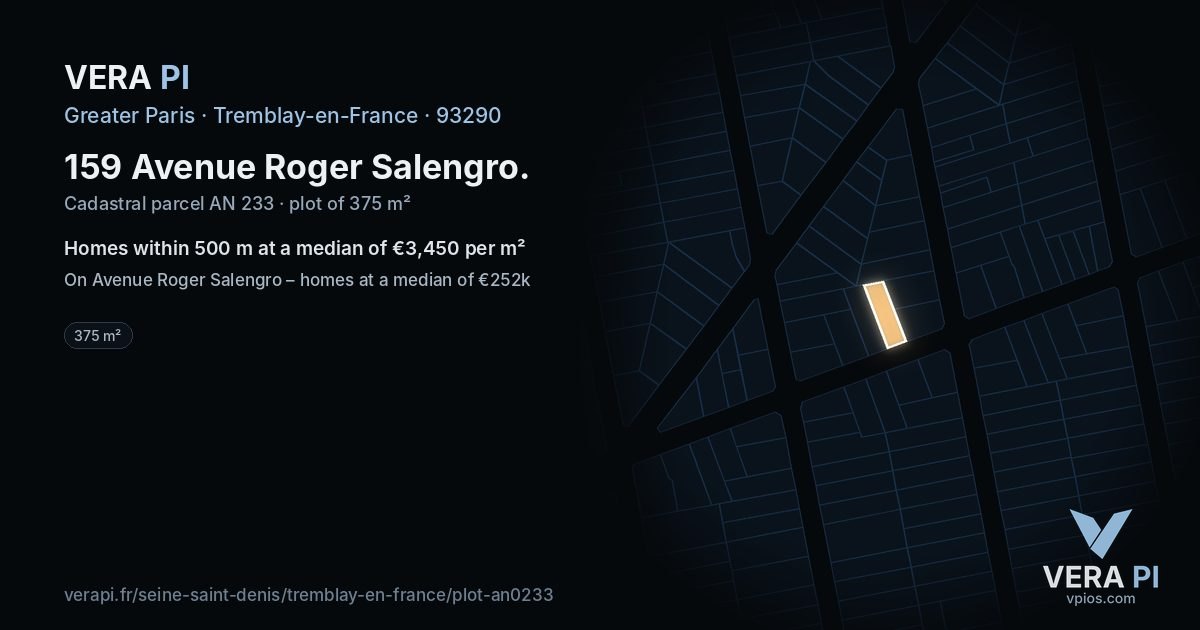 159 Avenue Roger Salengro, Tremblay-en-France at night – the plot lit, the parcels around coloured by the prices near them