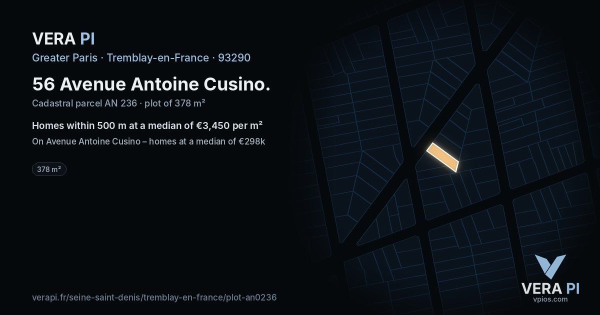 56 Avenue Antoine Cusino, Tremblay-en-France at night – the plot lit, the parcels around coloured by the prices near them