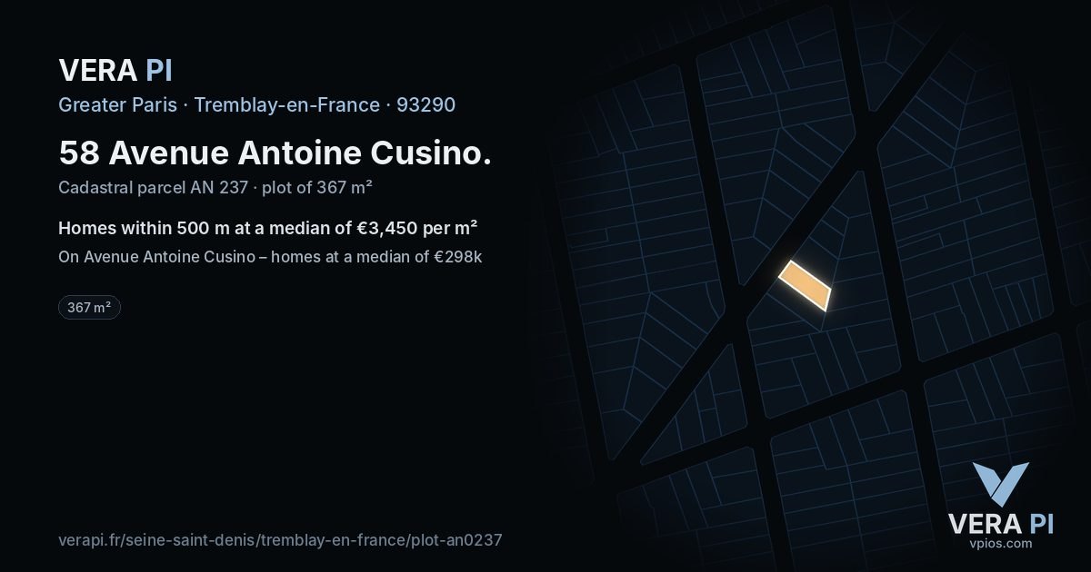58 Avenue Antoine Cusino, Tremblay-en-France at night – the plot lit, the parcels around coloured by the prices near them