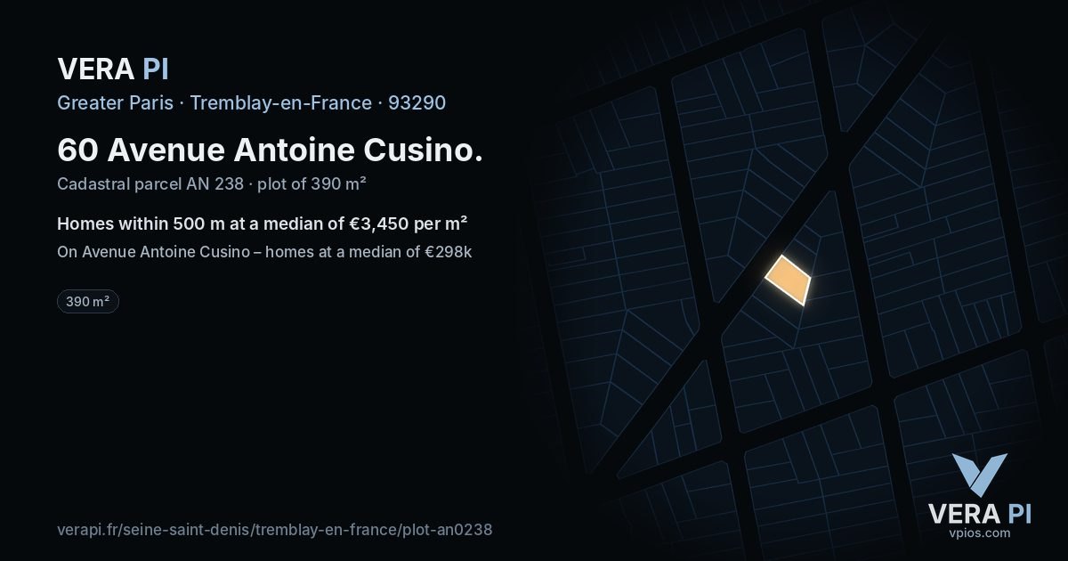 60 Avenue Antoine Cusino, Tremblay-en-France at night – the plot lit, the parcels around coloured by the prices near them