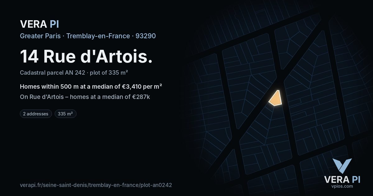 14 Rue d'Artois, Tremblay-en-France at night – the plot lit, the parcels around coloured by the prices near them