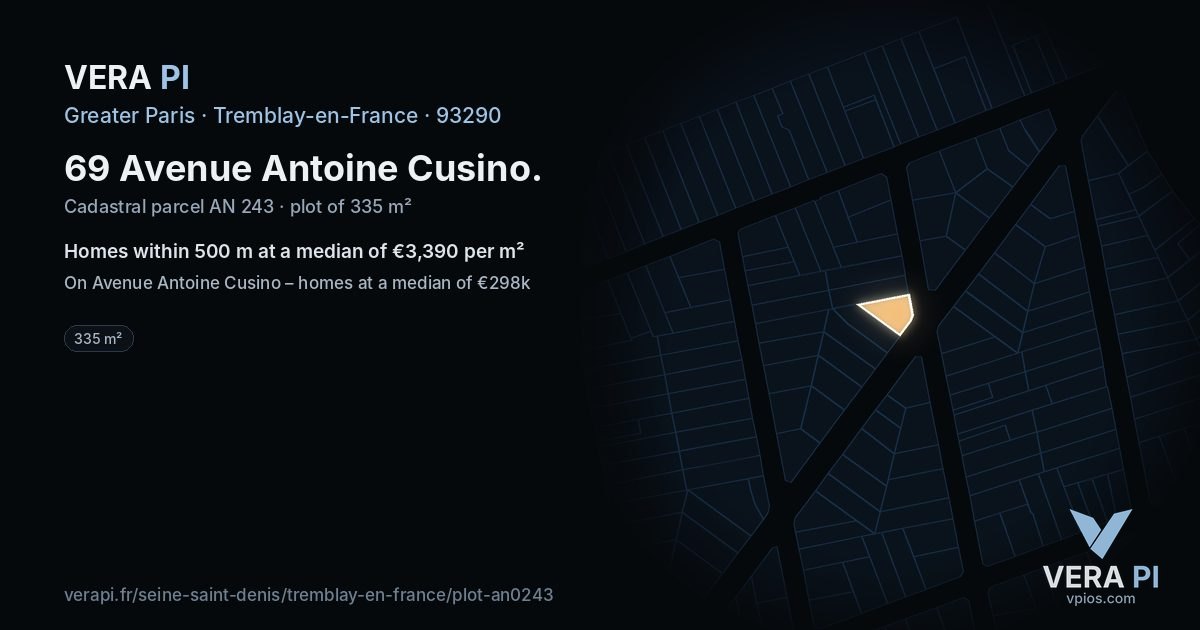 69 Avenue Antoine Cusino, Tremblay-en-France at night – the plot lit, the parcels around coloured by the prices near them