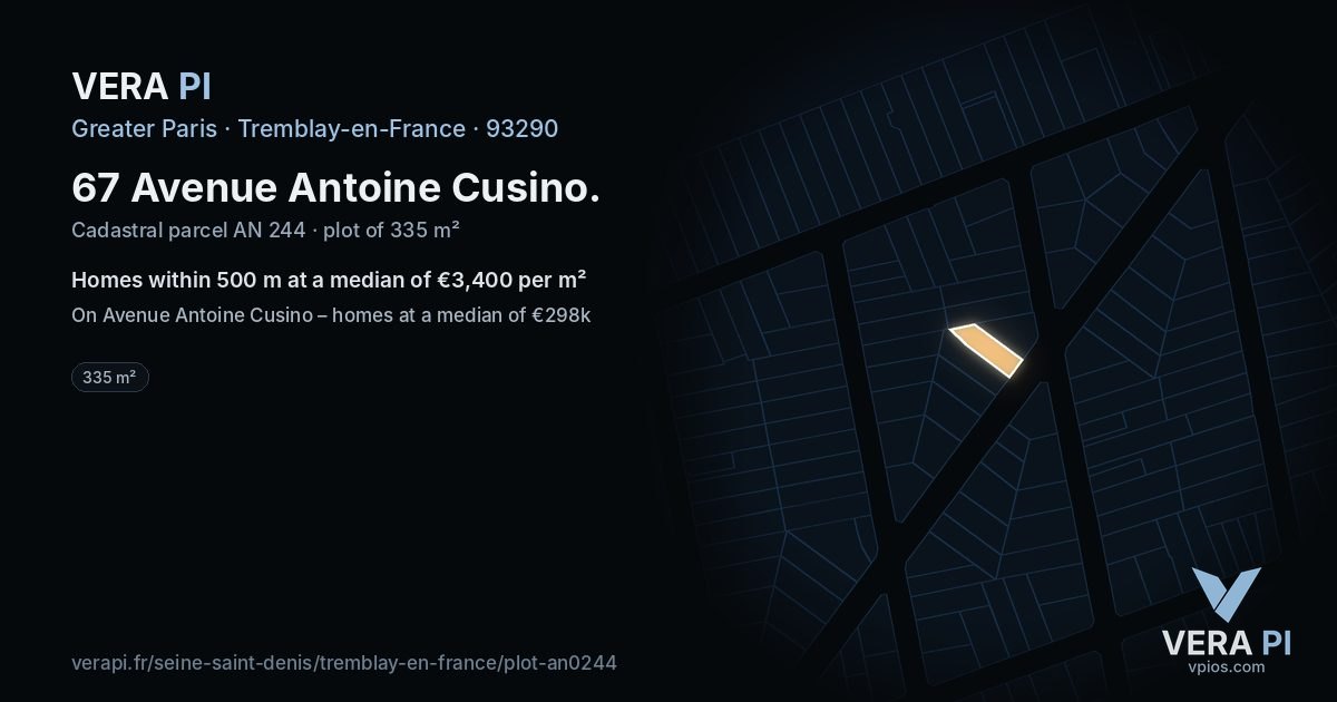 67 Avenue Antoine Cusino, Tremblay-en-France at night – the plot lit, the parcels around coloured by the prices near them