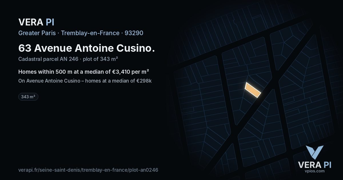 63 Avenue Antoine Cusino, Tremblay-en-France at night – the plot lit, the parcels around coloured by the prices near them