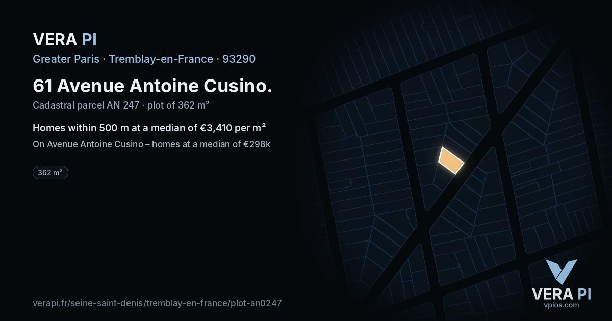 61 Avenue Antoine Cusino, Tremblay-en-France at night – the plot lit, the parcels around coloured by the prices near them