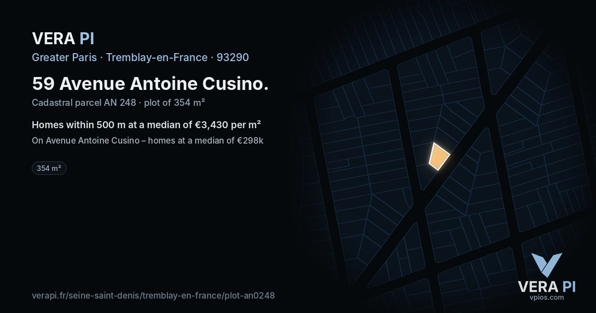 59 Avenue Antoine Cusino, Tremblay-en-France at night – the plot lit, the parcels around coloured by the prices near them