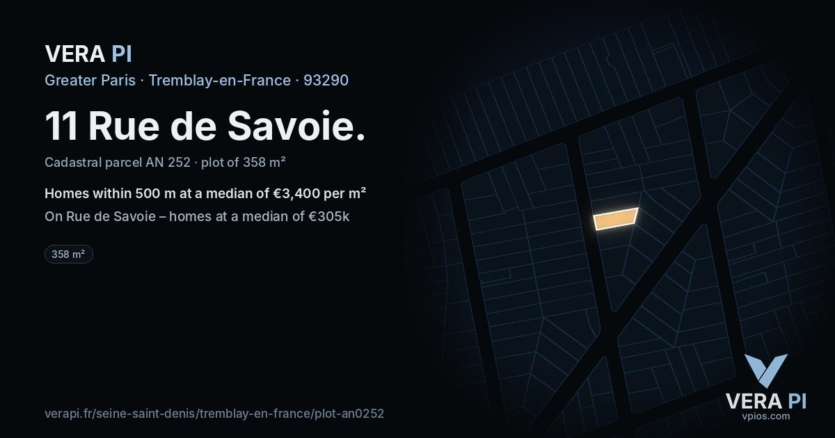 11 Rue de Savoie, Tremblay-en-France at night – the plot lit, the parcels around coloured by the prices near them