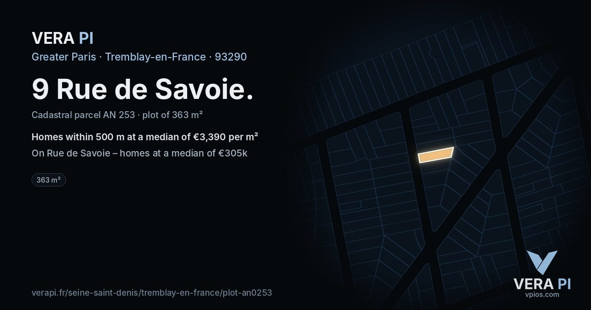 9 Rue de Savoie, Tremblay-en-France at night – the plot lit, the parcels around coloured by the prices near them
