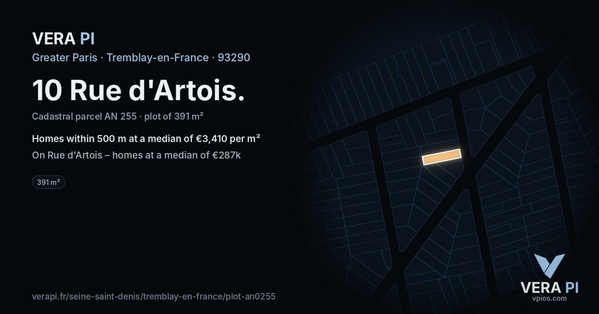 10 Rue d'Artois, Tremblay-en-France at night – the plot lit, the parcels around coloured by the prices near them