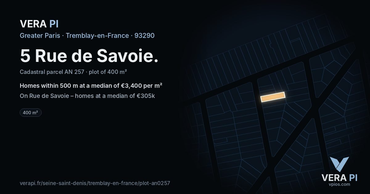 5 Rue de Savoie, Tremblay-en-France at night – the plot lit, the parcels around coloured by the prices near them