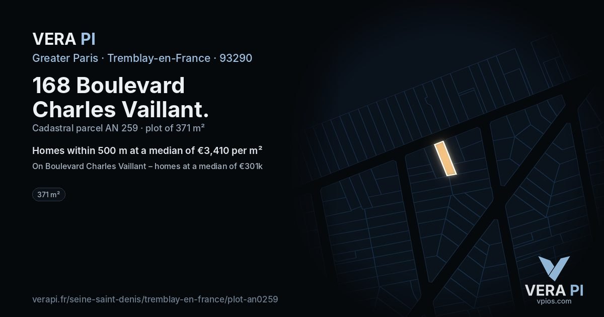 168 Boulevard Charles Vaillant, Tremblay-en-France at night – the plot lit, the parcels around coloured by the prices near them