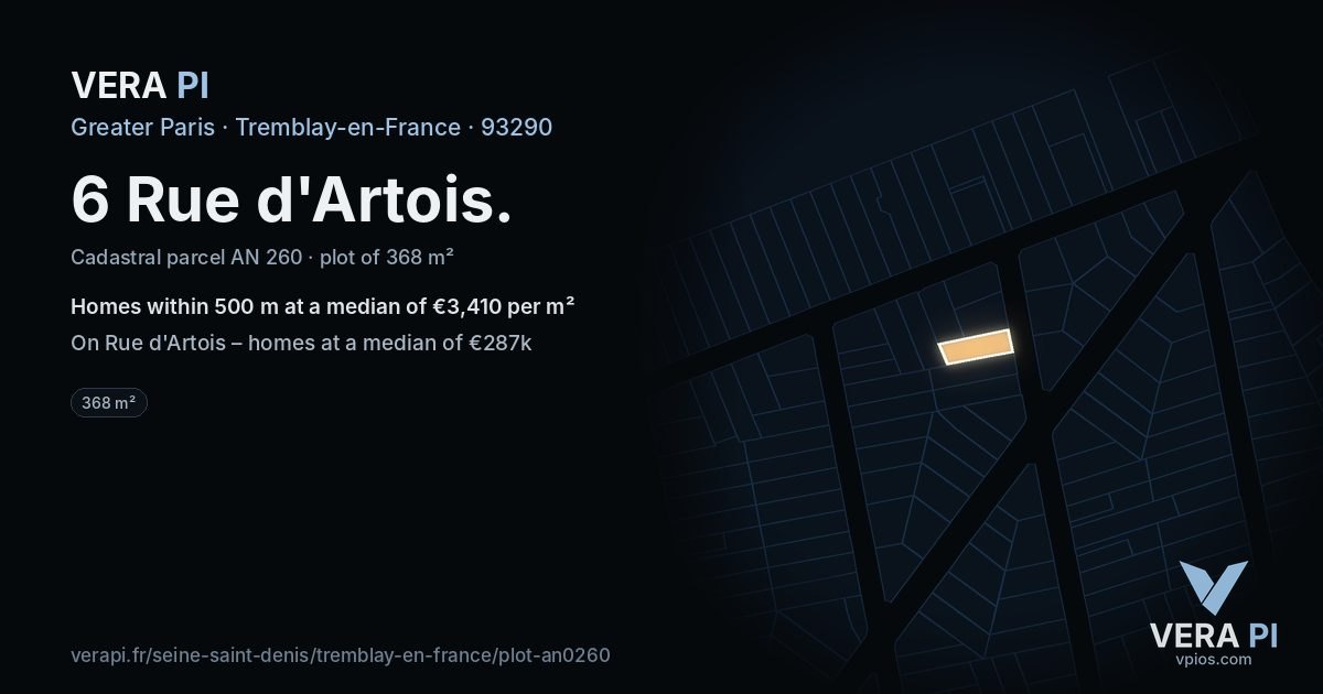 6 Rue d'Artois, Tremblay-en-France at night – the plot lit, the parcels around coloured by the prices near them