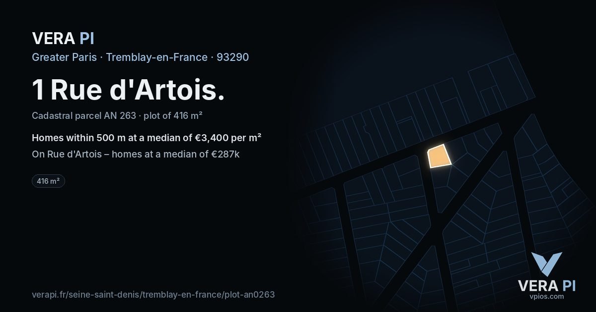 1 Rue d'Artois, Tremblay-en-France at night – the plot lit, the parcels around coloured by the prices near them