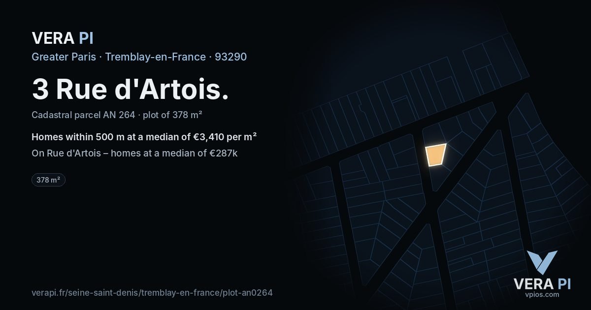 3 Rue d'Artois, Tremblay-en-France at night – the plot lit, the parcels around coloured by the prices near them