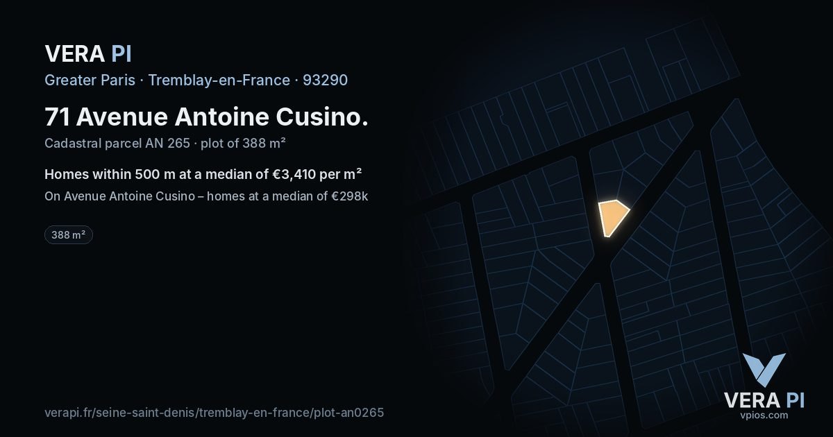 71 Avenue Antoine Cusino, Tremblay-en-France at night – the plot lit, the parcels around coloured by the prices near them