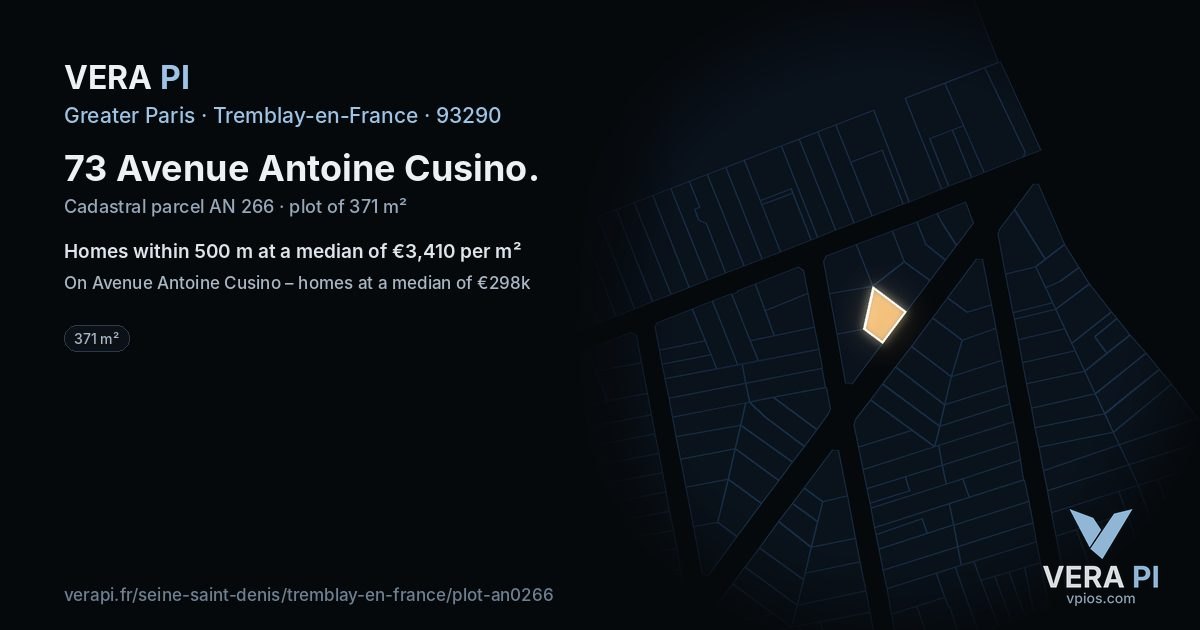 73 Avenue Antoine Cusino, Tremblay-en-France at night – the plot lit, the parcels around coloured by the prices near them